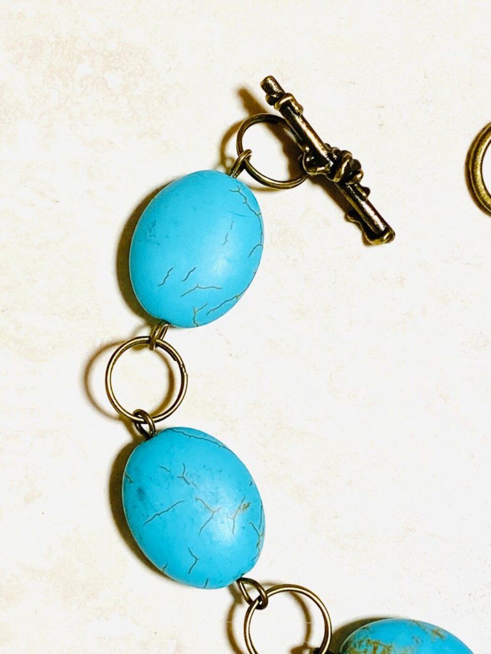 2/$20, Blue Dyed Howlite Bracelet, Genuine Gemstone & Bronze Grape Leaf Toggle - Picture 2 of 11